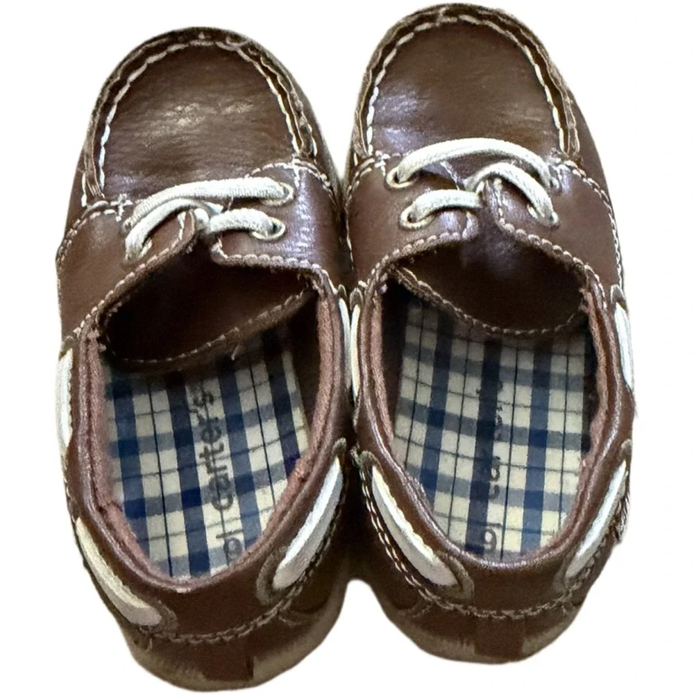 Carter's Toddler Boat Shoes Brown Faux Leather Lace Loafers Size 6 Boys Preppy
